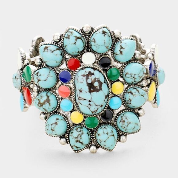 Floral Tribal Turquoise Teardrop Cluster Bracelet - Picture 1 of 7